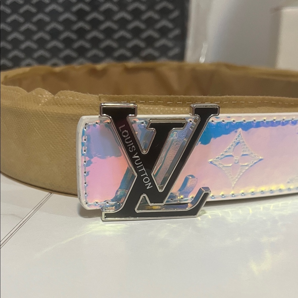 Lv Iridescent Monogram Buckle Belt in Pink-Blue